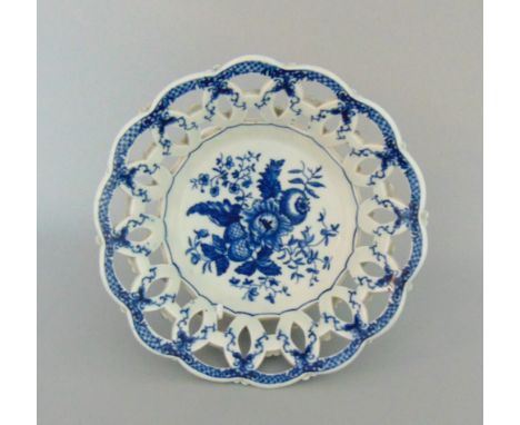 A Worcester blue and white openwork basket, 'Pine Cone ' pattern, circa 1770, 15.7cm diameter, 5.5cm highProvenance: Simon Sp