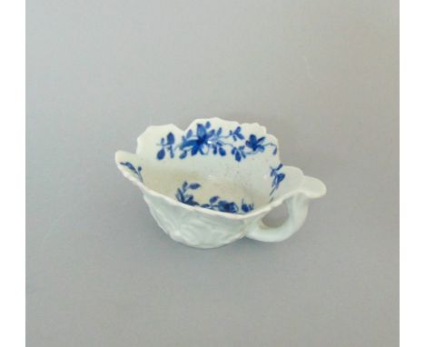 A Worcester blue and white leaf moulded butter boat,  'Mansfield' pattern, circa 1758, blue workman's mark to handle, 8.5cm b