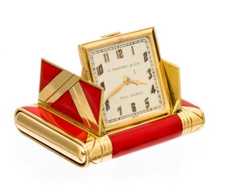A 1920's Art Deco 18ct red enamelled yellow gold retractable purse timepiece marked and made for Chaumet by Vacheron Constant