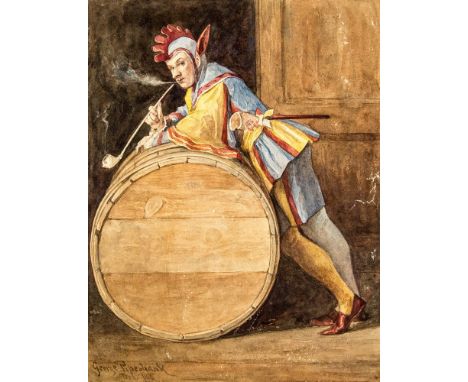 George Pipeshank (John Wallace) original watercolour design for tobacco advertising poster, depicting court jester leaning on