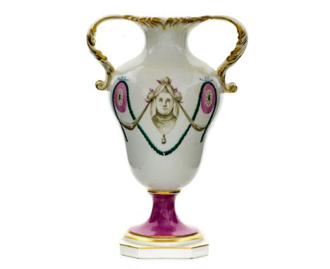 A small Derby twin handled vase, standing on pink, white and gilt rimmed square base, decorated with sepia ladies heads and p