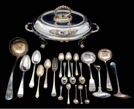 A collection of plate including a Georgian style two-handled oval entree dish, cover (detachable handle broken), beaded edge 