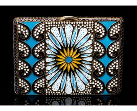 A Russian silver and enamel cigarette case, the champleve enamel with black scrollwork on a turquoise ground, and central flo