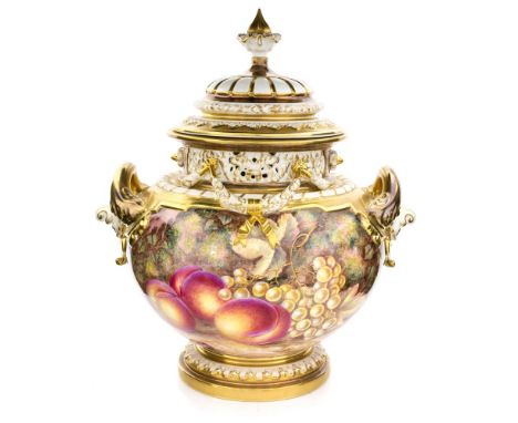 A large twin handled Royal Worcester fruit painted vase and cover, the fully covered baluster body painted and signed H. Ayrt