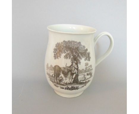 A large Worcester bell shaped tankard with black printed scenes of  rural lovers and milkmaid and farmer, circa 1770, 15cm hi