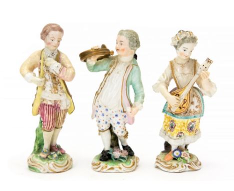 Two Meissen style figures of musicians, including a figure of a man with a bugle and a woman holding a Vile, both figures mar