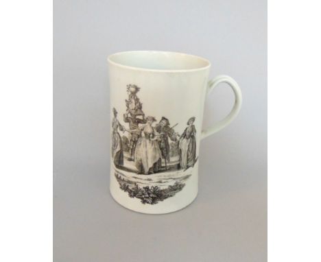 A large Worcester tankard with two black printed scenes, one of milkmaids, the other Mayday, circa 1770, 15cm high   10cm dia