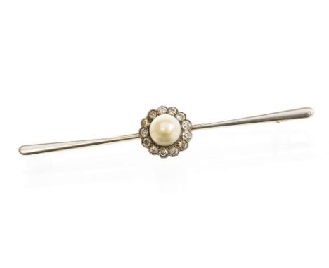 An early 20th century pearl and diamond 15ct gold platinum set bar brooch, the central oval pearl measuring approximately 7.2