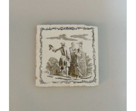 A Liverpool delft tile printed after Sadler with two ladies and a gent in a country scene, circa 1765, 12.7 by 12.7cmProvenan