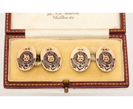 A pair of Gents rose gold oval chain cufflinks enamelled with the Kings Hussars with motto, complete in box, length approxima