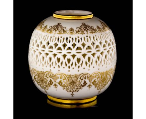 George Owen for Royal Worcester, a reticulated vase, 1914, spherical form with a double band of geometric piercing between gi