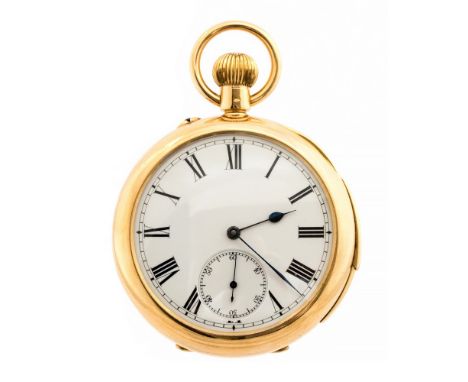 An 18ct gold open faced minute repeater top wind pocket watch, 5cm white enamel dial with Roman numerals and subsidiary secon