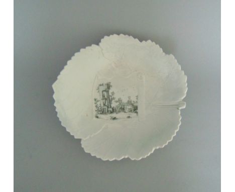 A  rare Worcester vine leaf shaped dish with a printed scene of 'The Singing Lesson', circa 1760, 18cm by 18cm diameterProven