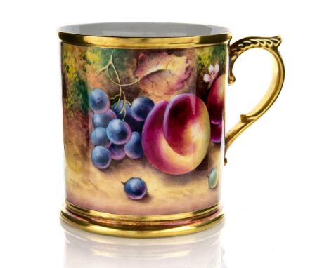 A large Royal Worcester tankard, fruit painting by T. Nutt, gilding to rim, base and handle 