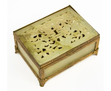 A 20th Century Chinese gilt metal table casket with inset reticulated jade panel to the cover, jade panel sides and base, wid