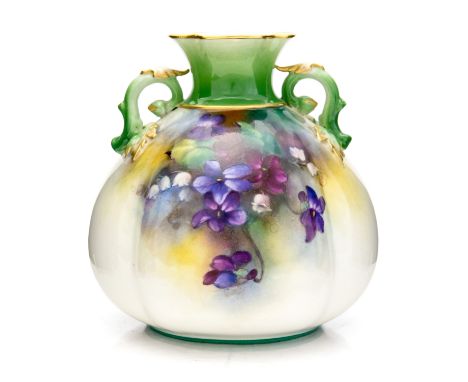 After James Hadley, a Royal Worcester vase, 1905, squat melon or gourd form, painted with violets by M Blake, with realistica