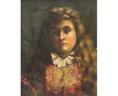 K...Chetwynd (British, 19th Century)Portrait of a girl, bust length, in a red dressSigned l.l., oil on canvas25.5cm by 20.3cm