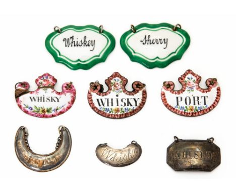 A collection of eight assorted bottle tickets, to include three 18th Century enamel Whisky and Port tickets, two French porce