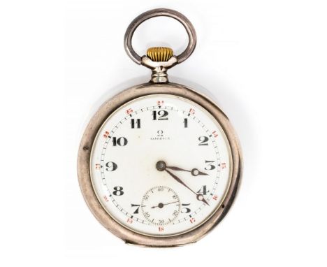 Omega, an early 20th Century silver Omega top wind open faced pocket watch, 4.5cm white enamel dial with subsidiary seconds d