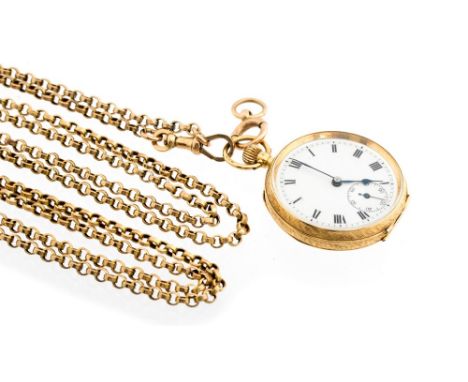 A late 19th Century 18ct gold ladie's open faced top wind fob watch, 3cm white enamel dial with subsidiary seconds dial, brig