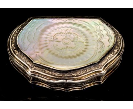 A late 18th Century French silver mounted mother of pearl snuff box, of serpentine design, width 6cm