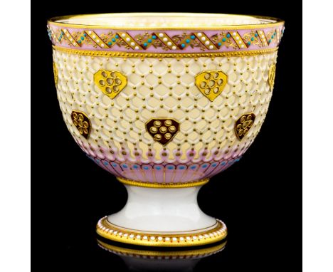 George Owen for Royal Worcester, a blind reticulated footed bowl, circa 1910, the honeycomb body with pierced shield motifs, 