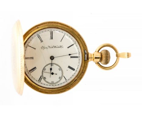 Elgin National Watch Co, a  late 19th Century 14kt gold full hunter top wind pocket watch, 5cm bright cut engraved case with 