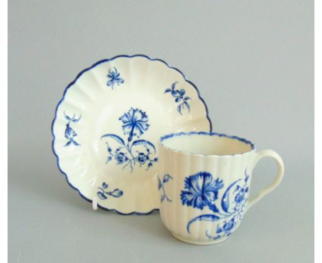 A Worcester blue and white coffee cup and saucer,   'Gillyflower' pattern, circa 1770, script W, cup 6cm diameter,    6.5cm h