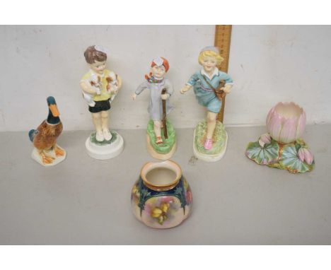 Mixed Lot: Small Worcester Lotus flower vase, three Worcester figures All Mine, Thursdays Child x 2, a further small vase (wi