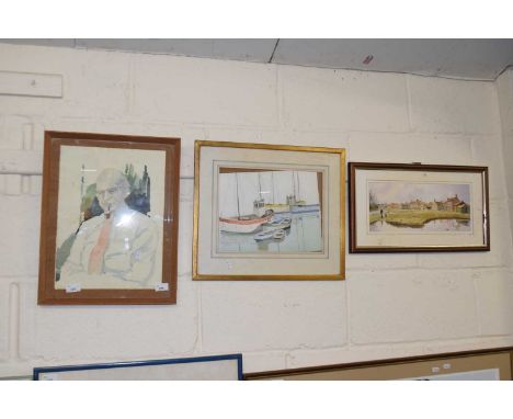 Mixed Lot: Portrait study signed David Coe, watercolour of moored boats and a further coloured print of East Runton (3)
