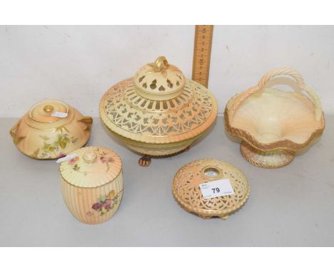 Blush Worcester wares to include a circular pot pourri jar with pierced lid, a further smaller jar, a small basket with twist
