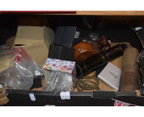Box of mixed items to include a vintage lacquered brass two drawer telescope, unsigned, various cutlery, an electroplate ink 