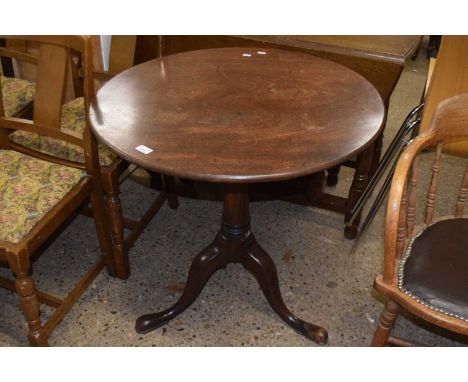 An early Georgian mahogany supper table with turned barrel column and tripod base, noticeable repairs to legs/feet, top 76cm 