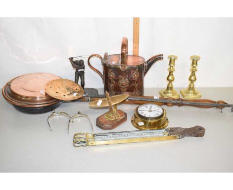 Mixed Lot: Copper bed warming pan, small copper hot water carrier, brass candlesticks, brass plane desk ornament, thermometer