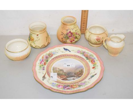 A group of four blush Worcester small vases, a similar jug and a further cabinet plate marked Landeck
