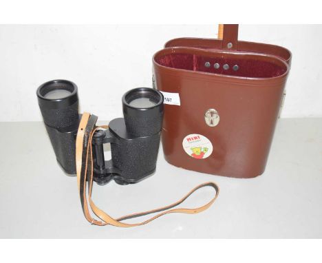 Cased Jenoptem 10 x 50 w binoculars, box of assorted cutlery, cigarette case, grape shears etc