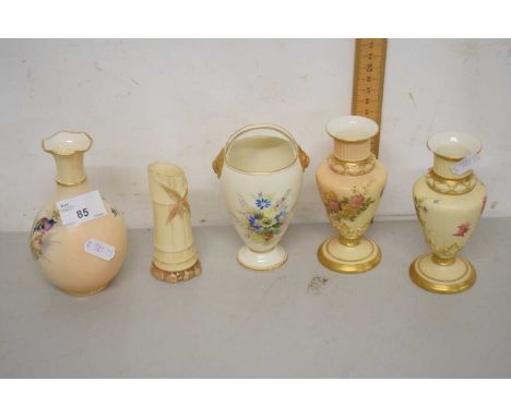 A group of blush Worcester wares comprising a pair of small vases, further bamboo vase, vase decorated with a Chaffinch and a