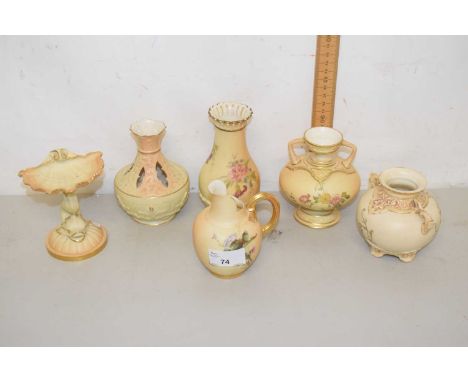 A group of six various small blush Worcester porcelain vases, jugs, a pedestal shell and dolphin salt, various floral decorat