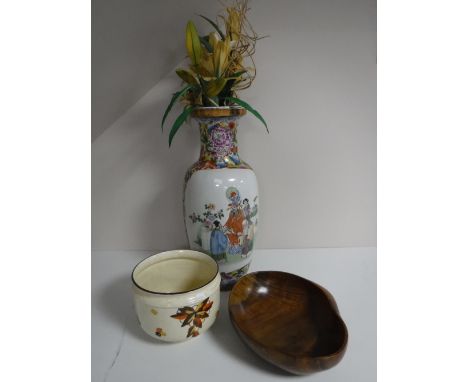 A hand painted Mayette planter, together with a wooden fruit bowl and a large Oriental vase 