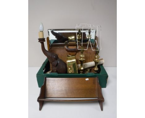 A box containing a leather briefcase, a pair of brass table lamps, a rolled copy of the times dated 1934, dressing table mirr