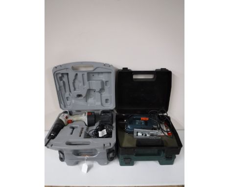 Four cased power tools including Black and Decker jigsaw, Bosch sander, Black and Decker Quattro and Performance drill