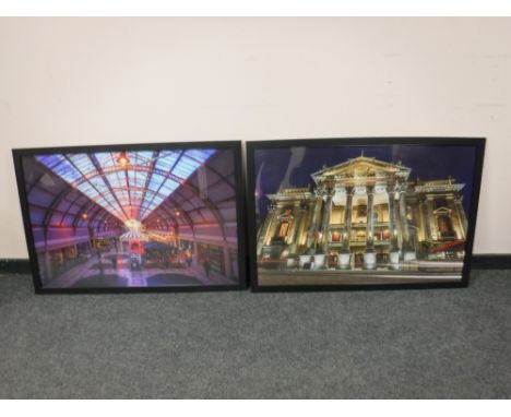 Two colour prints depicting The Grainger Market and The Theatre Royal, framed (2)