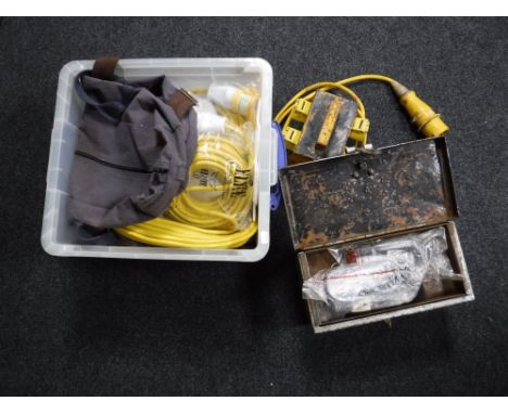 A box containing transformer extension leads, hand tools, tool belt, together with a transformer box and a metal tool box con