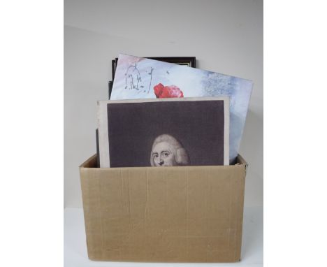 Two boxes containing a large quantity of assorted pictures and prints, wall canvases, needlework panels etc