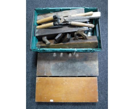 A box containing woodworking tools, tile cutter, electric drills etc together with two wooden tool cases