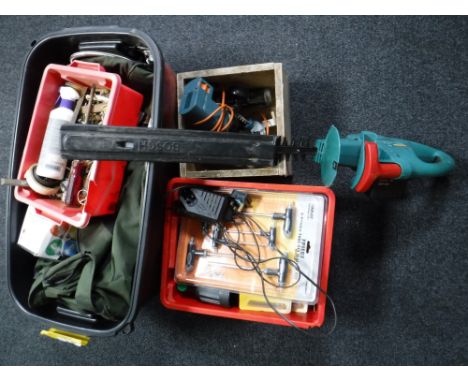 Three boxes containing holdall, hand tools, Torquay wrench set etc together with a Black and Decker router and a Bosch cordle