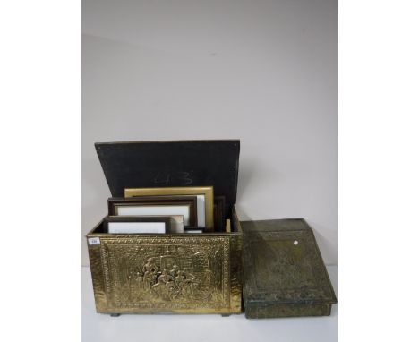 A brass coal box containing assorted pictures and prints together with a brass slipper box