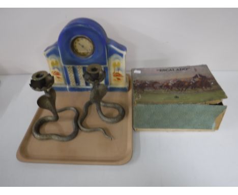 A tray containing a vintage Escalado game together with a pair of brass candlesticks in the form of cobras and an early 20th 