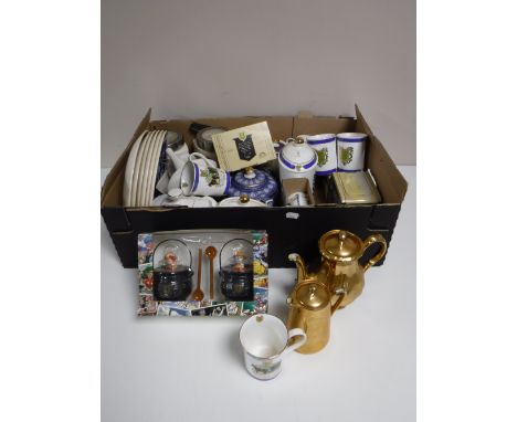 A box of Ringtons china : mugs, teapots, wall plates, etc, a Royal Worcester gilded teapot and a Bavarian teapot 