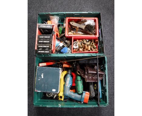 Two crates containing power tools, hand tools, lights etc
